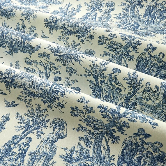 Navy Blue Traditional Toile Cotton Upholstery Fabric 54 by the Yard