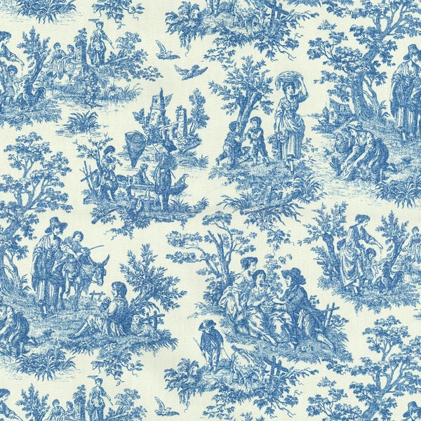 Blue Toile Cotton Fabric, Classic Toile Cream Pattern, Navy Toile Fabric, Upholstery Fabric by the Yard, Home Decor Fabric, USA made