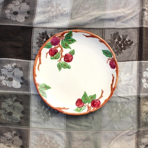 May include: A white ceramic plate with a brown rim and a design of red apples and green leaves on a brown branch. The plate is on a checkered tablecloth.