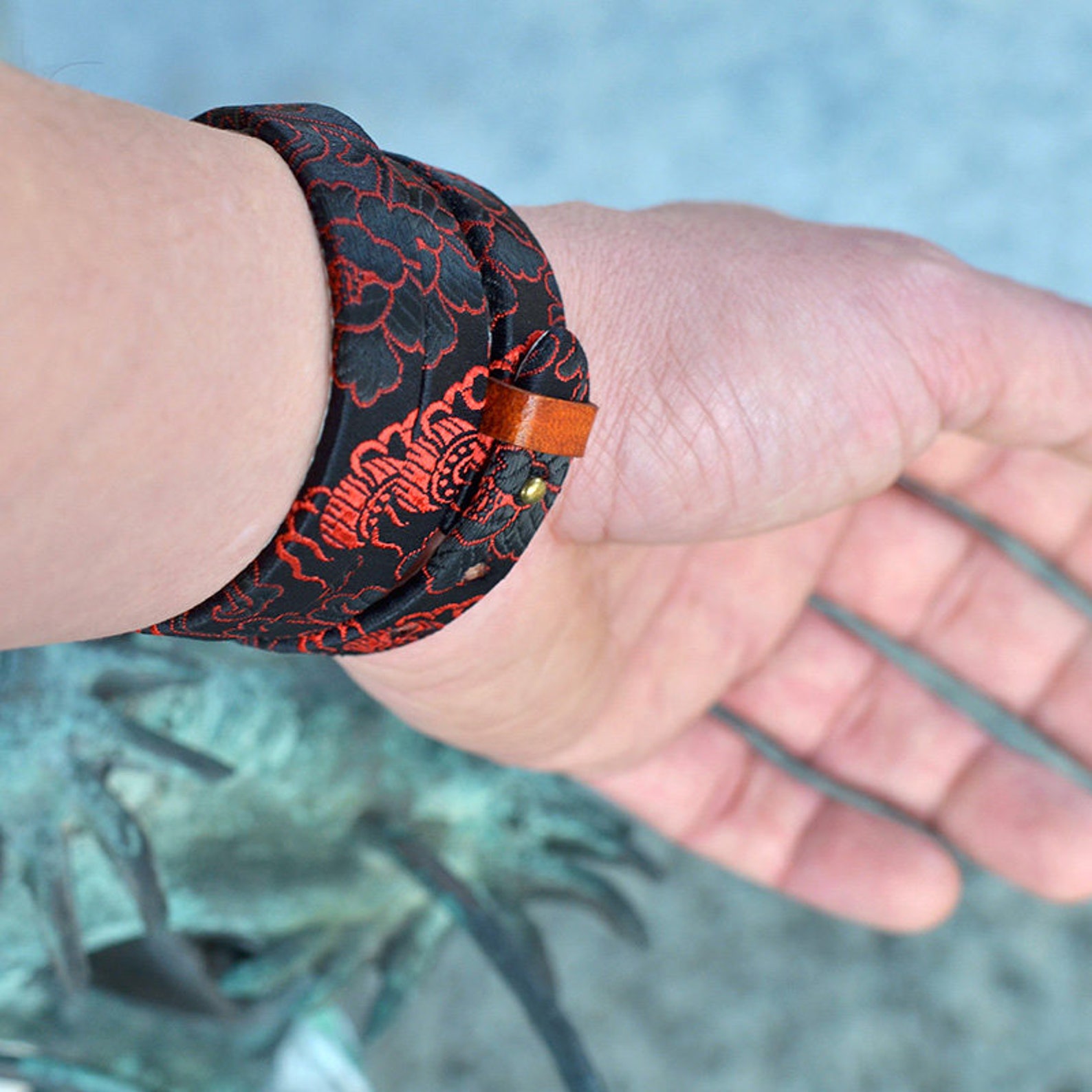 Japanese dragon wrap bracelet. Kimono & leather art jewelry Etsy