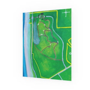 May include: A canvas print featuring a colorful map illustration. The map depicts a green landscape with winding paths, a lake, and a coastline. Yellow lines outline areas, and a compass rose is visible. The artwork has a modern, artistic style.