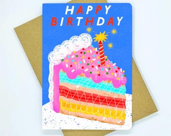 Carte de gâteau d'anniversaire, carte d'anniversaire douce, art de l'art en tranches de gâteau, carte de pâtisserie, jolies cartes de voeux, carte de fête, anniversaire pour elle