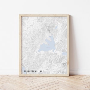 May include: A framed topographic map of Georgetown Lake, Colorado. The map shows the lake and surrounding mountains with contour lines. The lake is colored light blue and the mountains are in shades of gray. The map is titled "GEORGETOWN LAKE" in black text at the bottom.