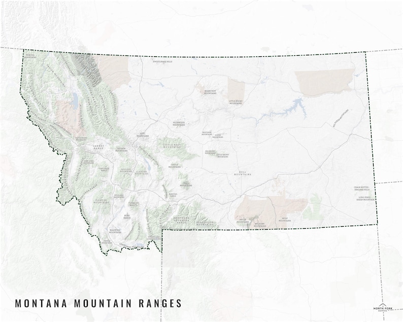 May include: A detailed map of Montana, highlighting its mountain ranges. The map features a green and white colour scheme, with the state's outline and mountain ranges clearly defined. The text "MONTANA MOUNTAIN RANGES" is displayed at the bottom.