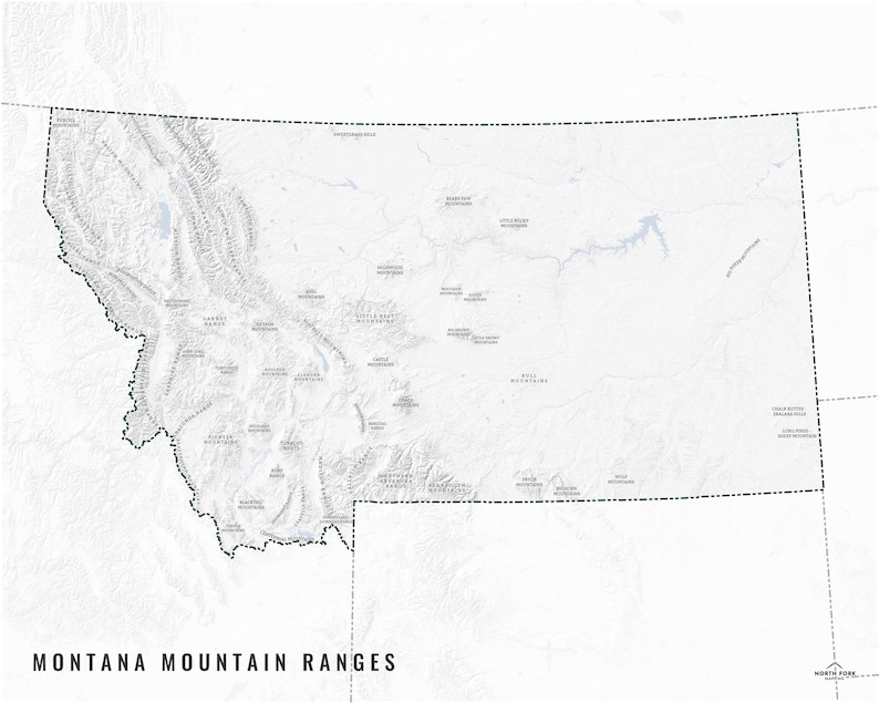 May include: A grayscale map of Montana, showing the state's mountain ranges. The map includes the state's outline and labels for the mountain ranges. The text "MONTANA MOUNTAIN RANGES" is displayed at the bottom of the image.