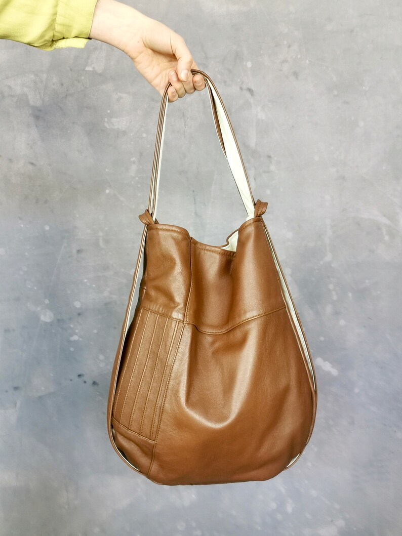 Multifunctional backpack bag, brown shoulder bag, sustainable bag made of recycled leather, unique image 5