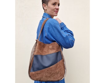 Multifunctional backpack bag, light brown-blue shoulder bag, sustainable bag made of recycled suede, unique piece