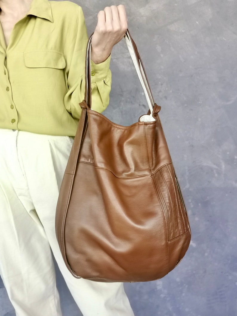 Multifunctional backpack bag, brown shoulder bag, sustainable bag made of recycled leather, unique image 3