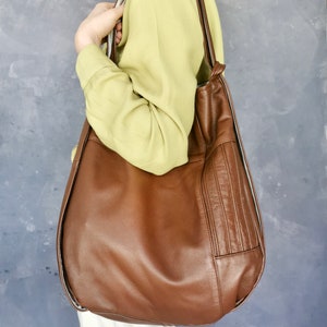 Multifunctional backpack bag, brown shoulder bag, sustainable bag made of recycled leather, unique image 10