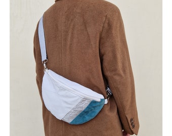 Practical hip bag, white-silver-turquoise hip bag made from recycled leather, shoulder bag with adjustable elastic strap