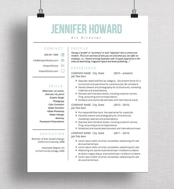 Modern Resume Template Cv Template Cover Letter Creative Etsy