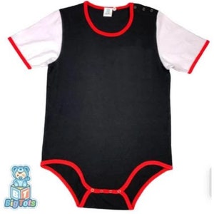 May include: Black bodysuit with white short sleeves and red trim. The neckline and leg openings are also trimmed in red. The bodysuit has snap closures at the bottom and shoulder snaps. The Big Tots logo is in the lower left corner.