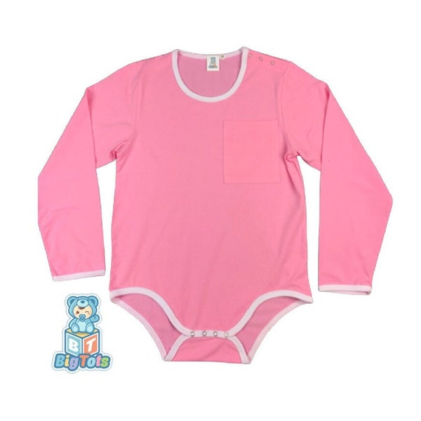 Adult Baby Pocket, snap shoulder Pink w/white Bodysuit ABDL