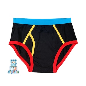 ABDL Zwart, rood, blauw, geel grote jongensslip volwassen baby