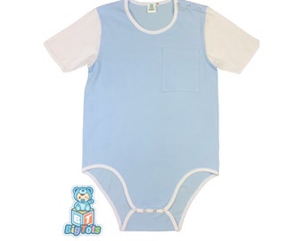 Adult Baby P0CKET Blue and White  snap crotch Bodysuit abdl