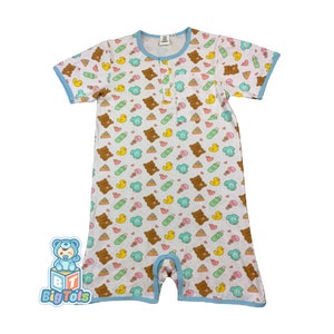 Adult Baby Baby Things Print snap crotch white romper abdl