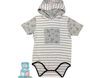 Adult Baby Hoodie Ears Grey Animals & Stripes Bodysuit ABDL