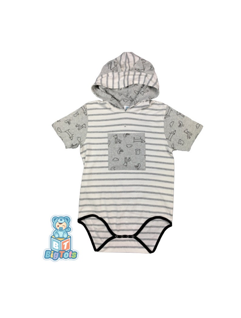 Adult Baby Hoodie Ears Grey Animals & Stripes Bodysuit ABDL 