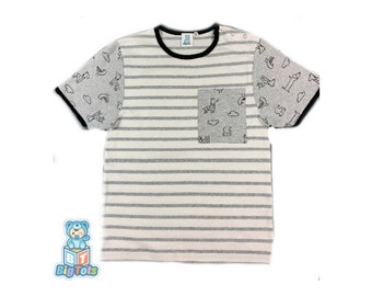 Adult Baby Grey animals & stripes pocket snap shoulder baby shirt ABDL