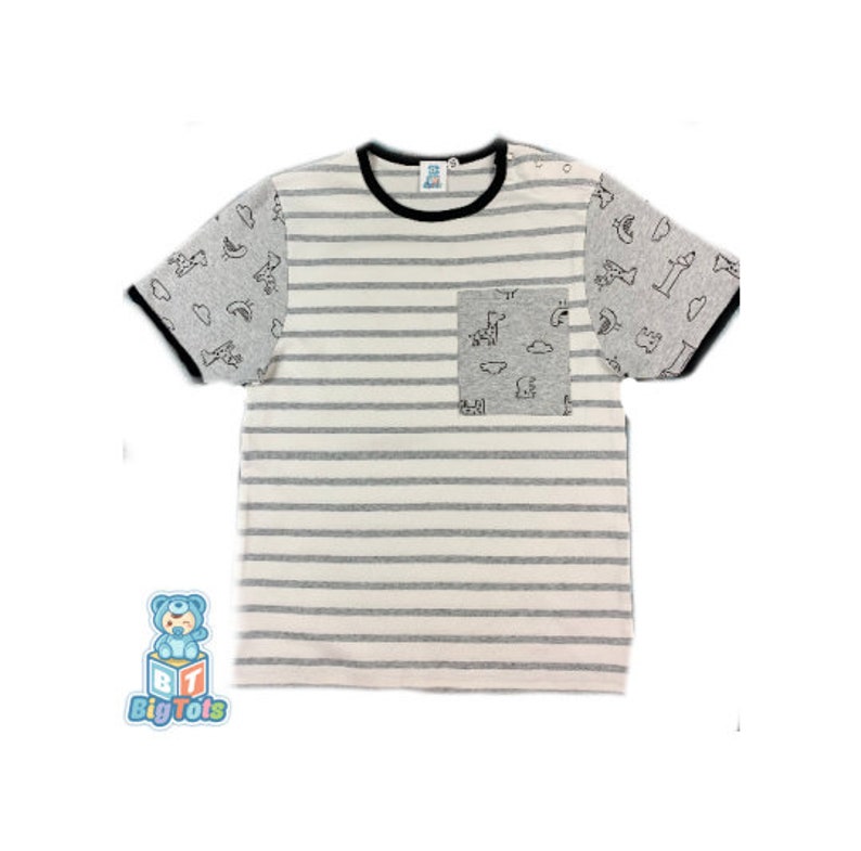 Adult Baby Grey animals & stripes pocket snap shoulder baby shirt ABDL 