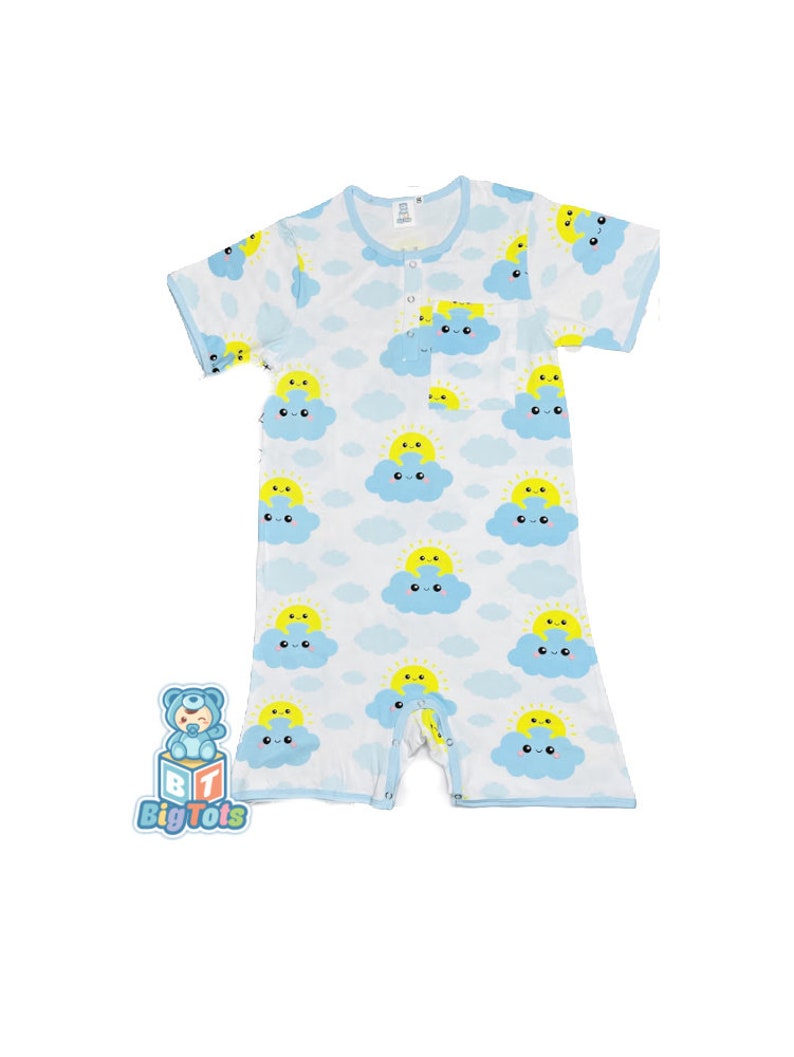 Adult Baby  P0CKET Smiling Sun Cloud snap crotch romper abdl 