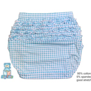 May include: Baby bloomers in a blue and white gingham pattern, featuring multiple rows of ruffled trim. Made from 95% cotton and 5% spandex, offering good stretch. The Big Tots logo is visible.