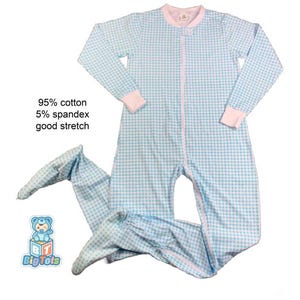 ABDL Blue and White Gingham footed zippered Adult Baby