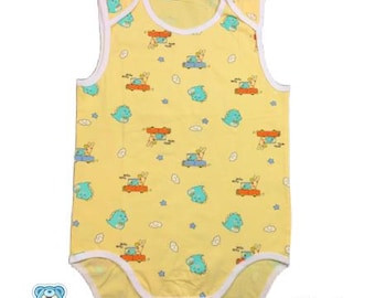 May include: Yellow baby bodysuit with a playful pattern of dinosaurs and cars. The sleeveless onesie has white trim and is made of 95% cotton and 5% spandex. The text on the image says "good stretch".