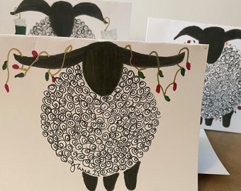 HO HO HOliday Sheep with Lights card set, chili peppers card, Christmas card set, set of 10, blank inside, self-seal envelopes included.