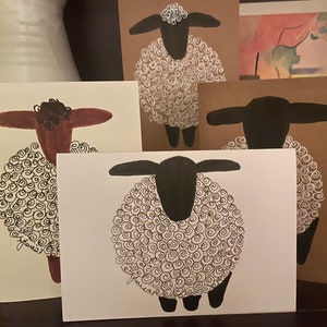 Sheep set of 4 hand drawn blank greeting cards
