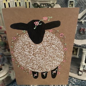 Hand Drawn Sheep Greeting Card Set: Spring Floral Wreath