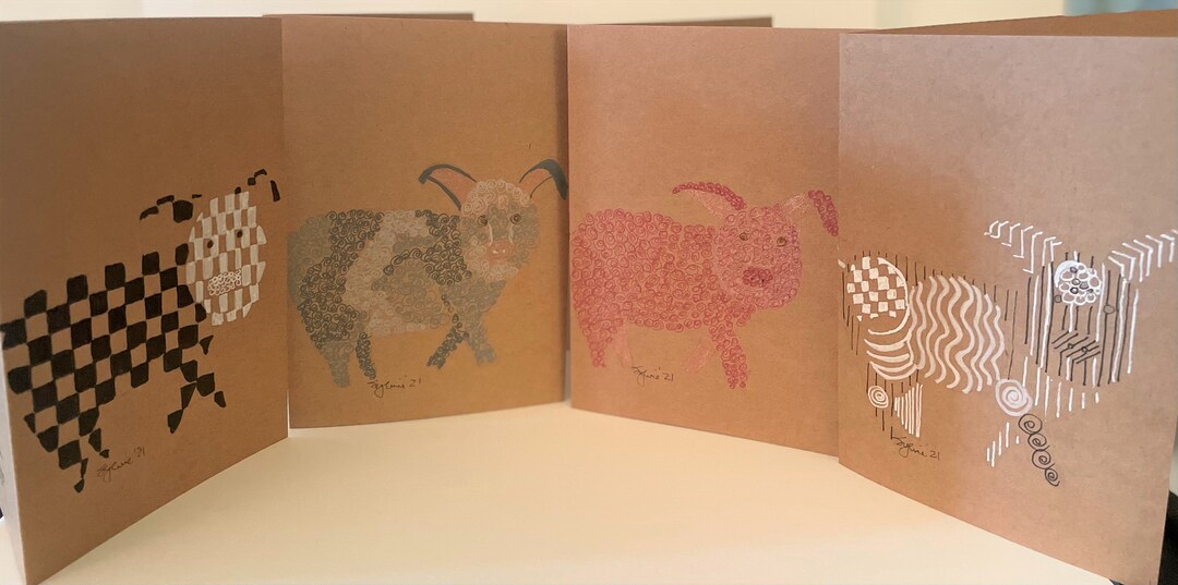 Pig Greeting Card, Sounder of 4, Note Cards, Abstract Pig, Original ...