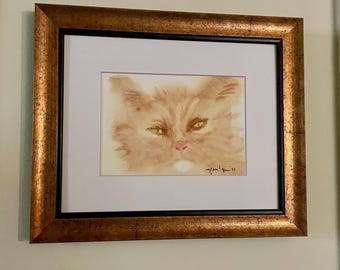 Cat #2, framed original watercolor painting on paper, framed
