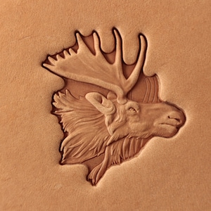 Op de afbeelding: Een gedetailleerde carving van een elandkop met grote geweien op een bruine lederen achtergrond.