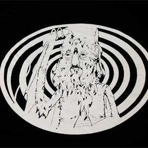 May include: Black and white illustration of a person with a long beard and a spiral pattern behind them.