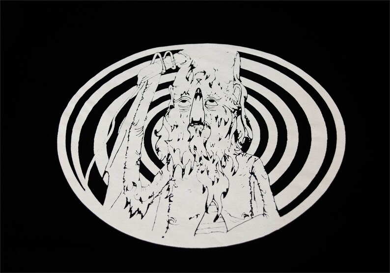 May include: Black and white illustration of a person with a long beard and a spiral pattern behind them.