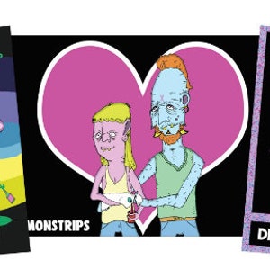 May include: Three colorful stickers with cartoon characters and the text "Demonstrips". The first sticker features a pink and green character with a long green beard. The second sticker features two characters, one pink and one blue, standing in front of a pink heart. The third sticker features a pink and blue character with a long blue tentacle beard.