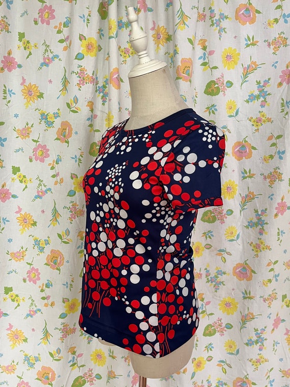 Vintage 1970s Red White and Blue Dot Floral Print… - image 2
