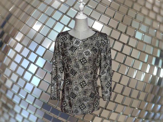 Vintage 1970s Floral Metallic Long Sleeve Tunic T… - image 1