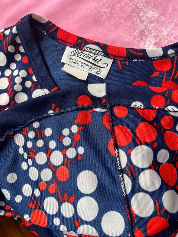 Vintage 1970s Red White and Blue Dot Floral Print… - image 10