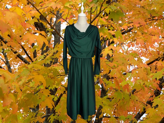 Vintage 1970s 1980s Dark Green Draped Top Long Sl… - image 1