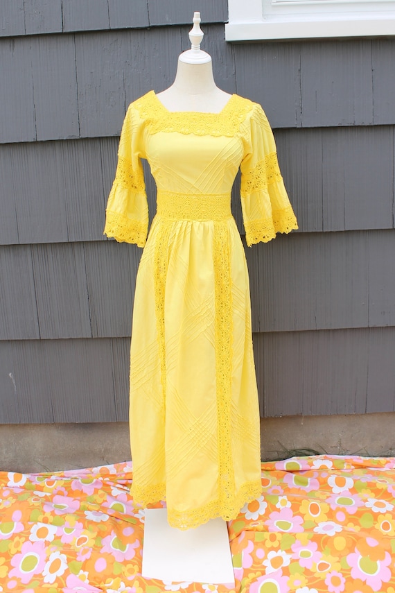 70s Bright Yellow Crochet Maxi Dress