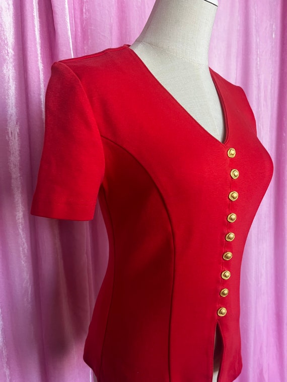 Vintage 80s Red Form-Fitting Short Sleeve Top wit… - image 5
