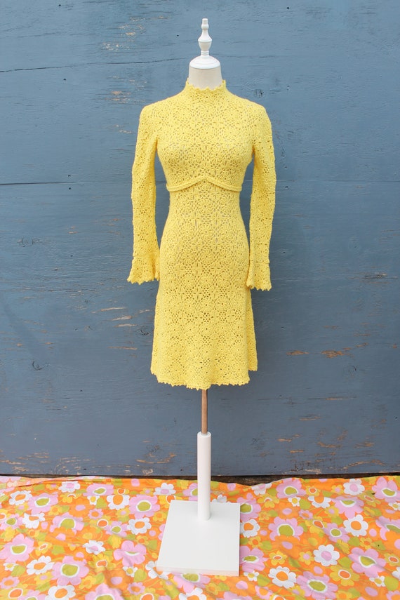 1960s Bright Yellow Crochet Dress