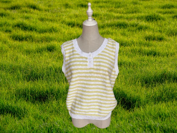 Vintage 1980s Pastel Yellow and White Stripe Cott… - image 1