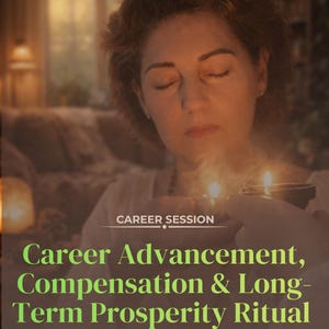 Puede incluir: Un gráfico digital con el texto SAME DAY PDF, CAREER SESSION y Career Advancement, Compensation & Long-Term Prosperity Ritual. La imagen muestra a una persona con los ojos cerrados sosteniendo una pequeña vela encendida que emite humo.