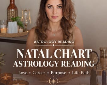 Puede incluir: Un gráfico digital para un servicio de lectura astrológica con el texto SAME DAY PDF, ASTROLOGY READING, NATAL CHART ASTROLOGY READING y Love, Career, Purpose, Life Path. El diseño incluye un icono de estrella central y luz cálida.