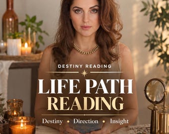 Puede incluir: Un servicio digital de lectura de camino de vida con el texto Destiny Reading, Life Path Reading y Destiny, Direction, Insight. Una persona de cabello castaño usa un collar de cadena dorada mientras sostiene cartas.
