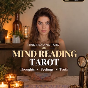 May include: A person with long brown hair sits at a table with tarot cards, candles, and crystals. The text reads MIND READING TAROT, Thoughts, Feelings, Truth, and SAME DAY PDF. The person wears a gold chain necklace and a beige top.