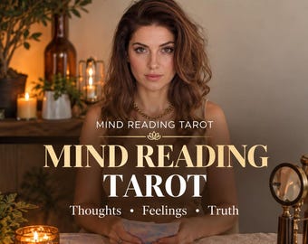 May include: A person with long brown hair sits at a table with tarot cards, candles, and crystals. The text reads MIND READING TAROT, Thoughts, Feelings, Truth, and SAME DAY PDF. The person wears a gold chain necklace and a beige top.